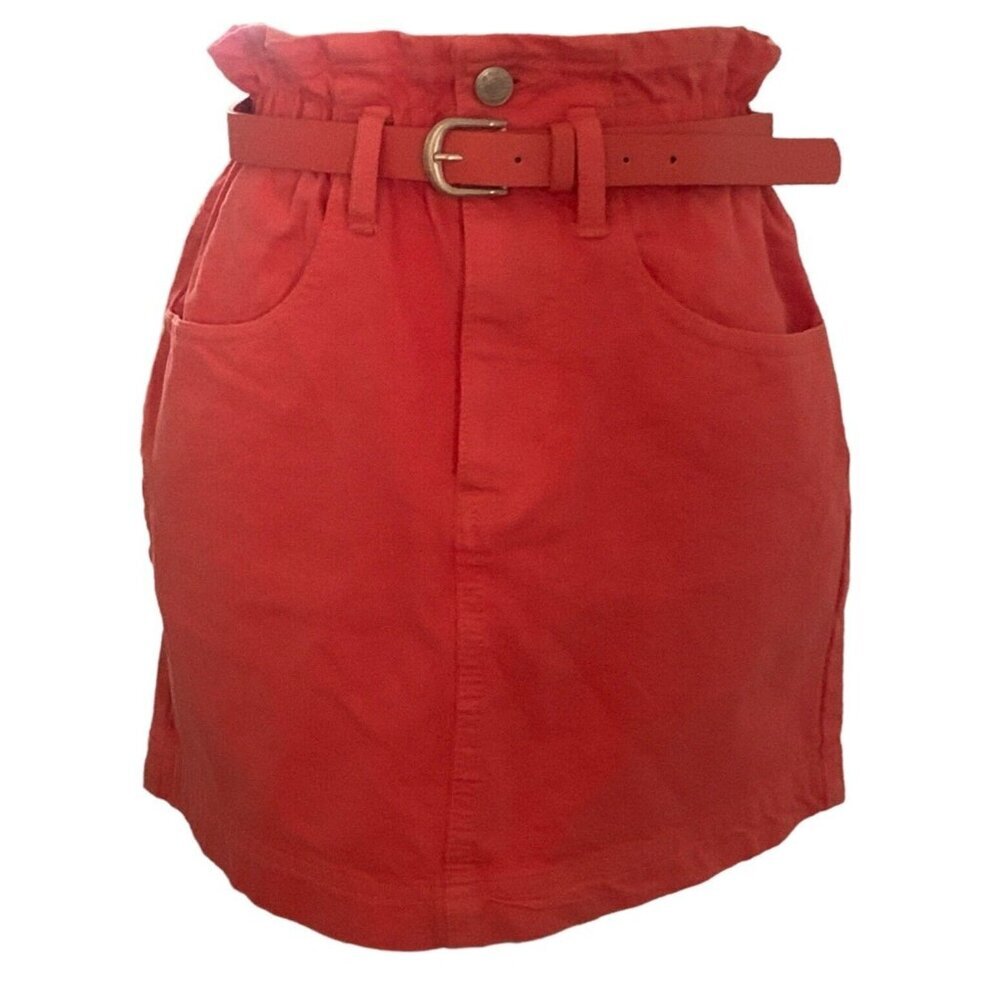 Forever 21 Womens Denim Skirt Size S Coral Belted Front Zip Pockets